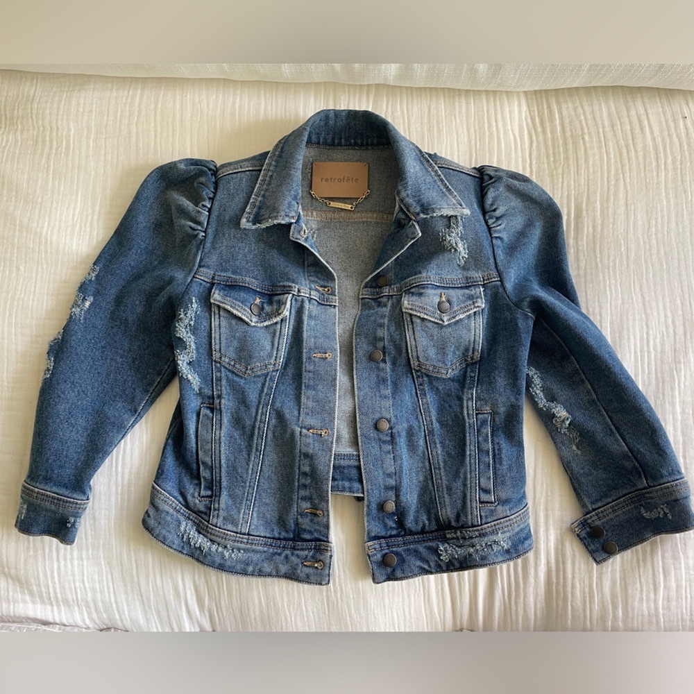 Retrofête Jean Jacket - Distressed Puff Sleeve Denim